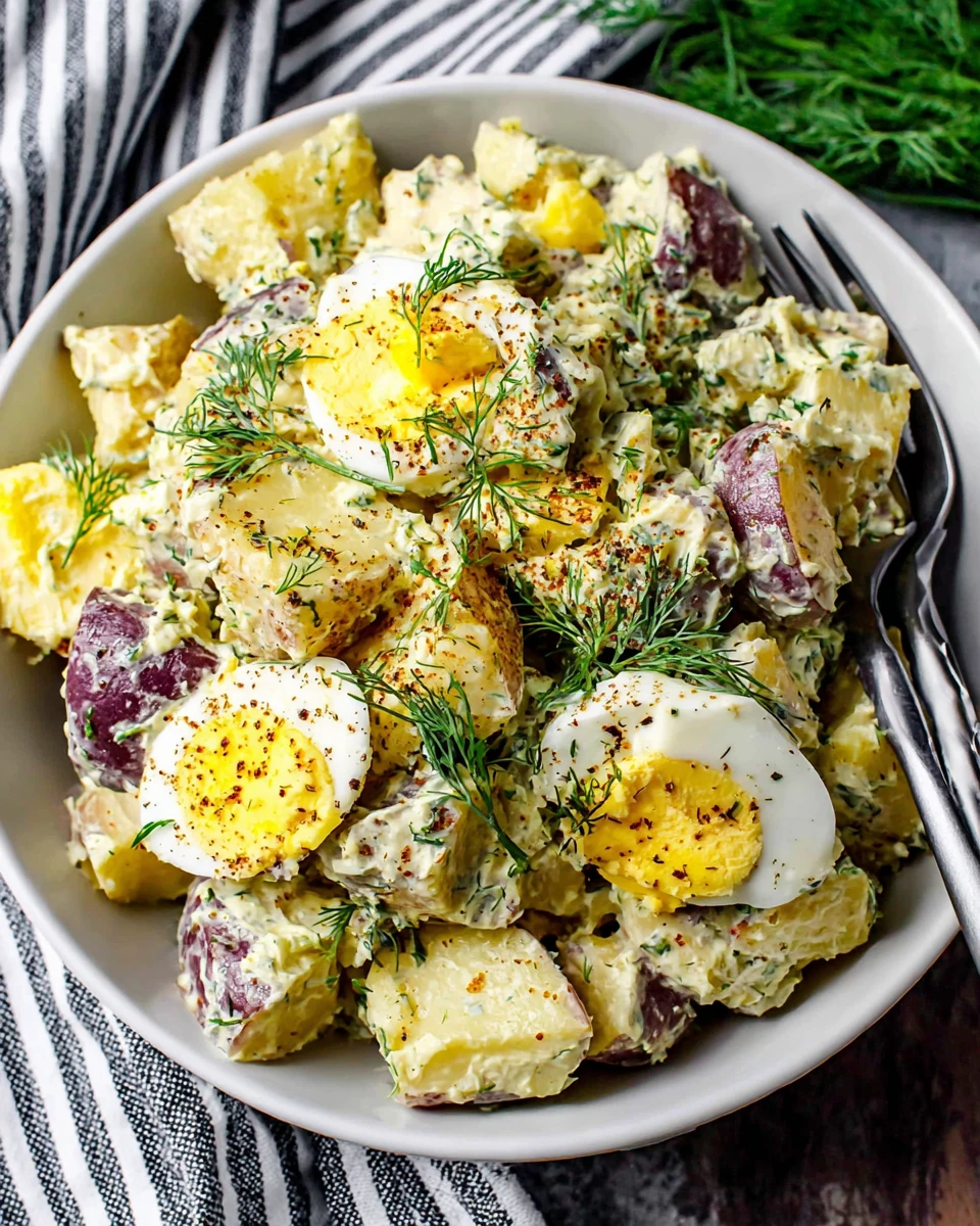 Vegan Dill Potato Salad with Fresh Dill and Eggs Vegan dill potato salad with red potatoes, eggs, and fresh dill in a white bowl