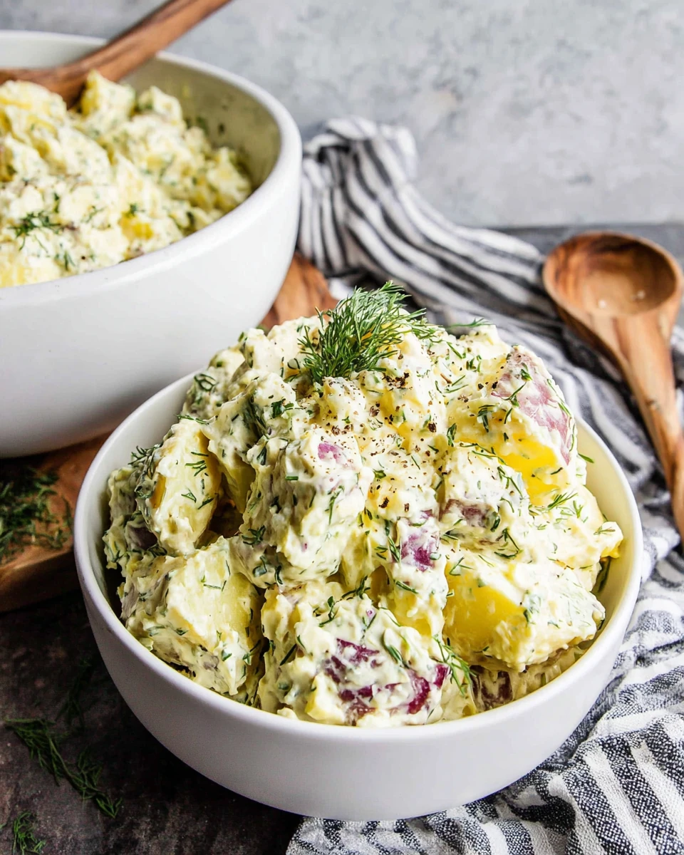 Vegan Dill Potato Salad with Fresh Dill and Eggs Creamy vegan dill potato salad with fresh dill and eggs in a white bowl