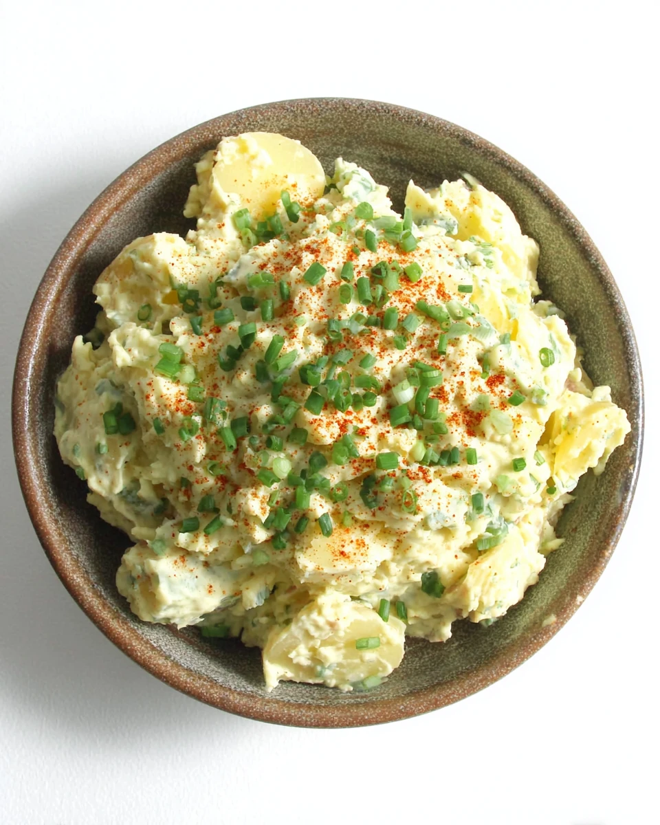 Creamy vegan southern potato salad with chives and paprika in a ceramic bowl
