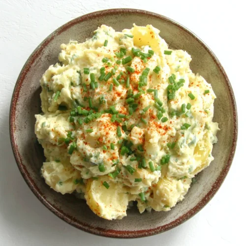 Creamy vegan southern potato salad with chives and paprika in a ceramic bowl