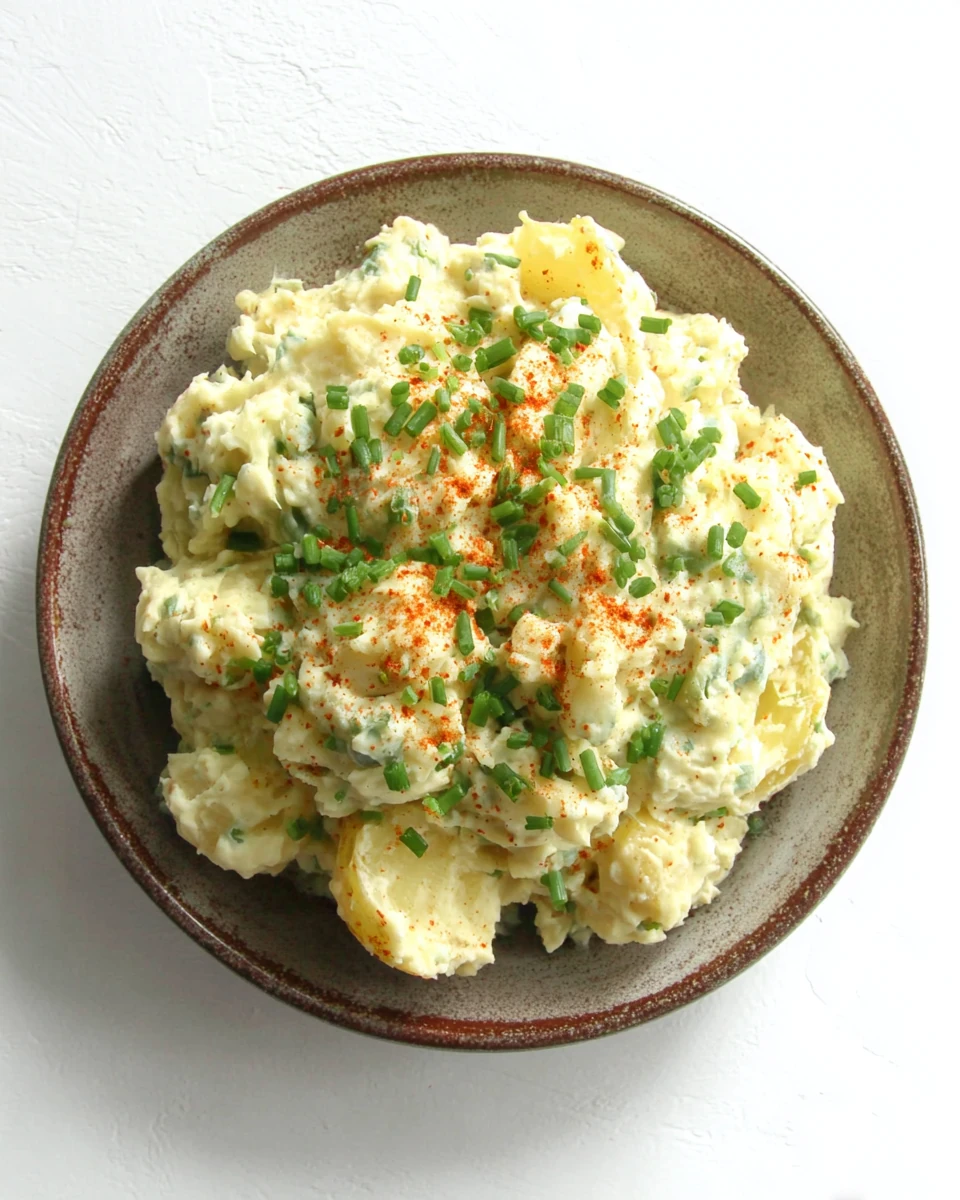 Creamy vegan southern potato salad with chives and paprika in a ceramic bowl