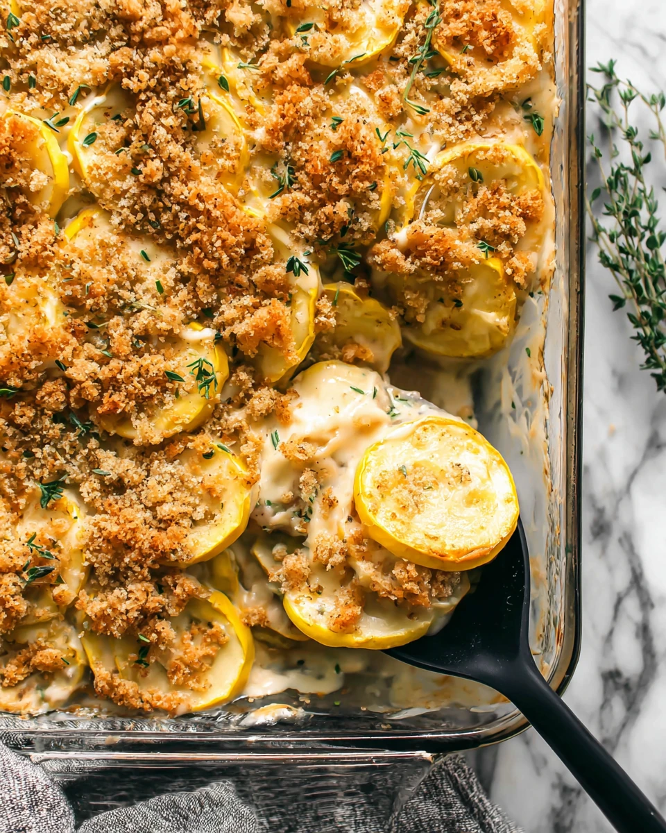 Creamy vegan summer squash casserole with cracker topping and herbs