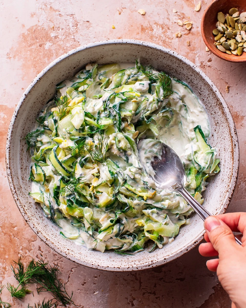 Creamy vegan tzatziki with fresh dill and cucumber in a bowl