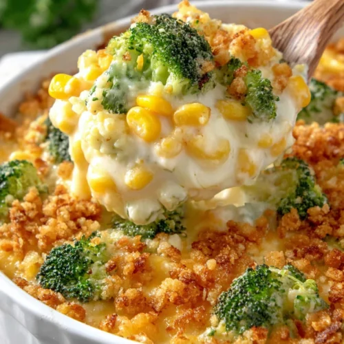 Creamy vegetable casserole side with broccoli, corn, and cheese in a white dish