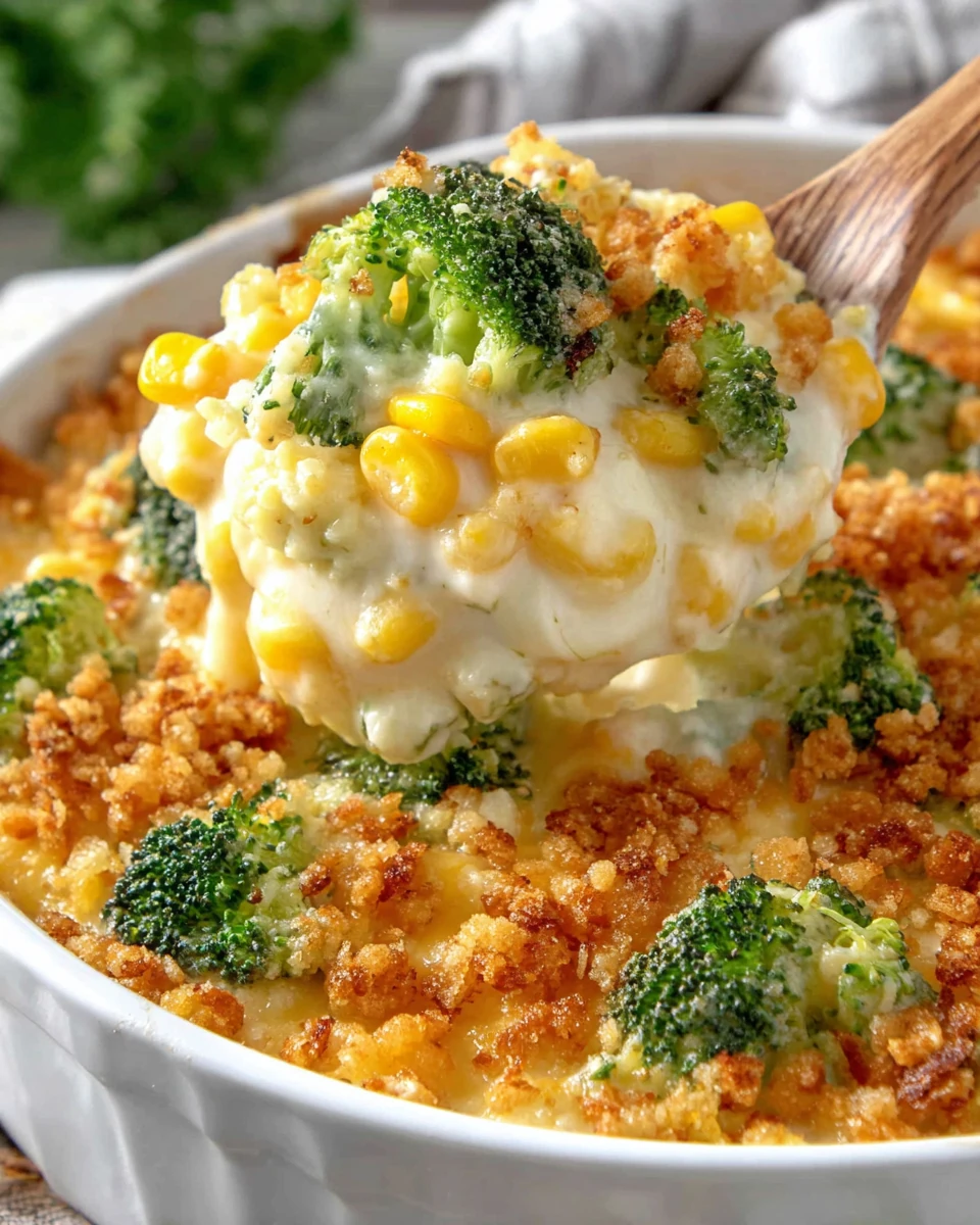 Creamy vegetable casserole side with broccoli, corn, and cheese in a white dish