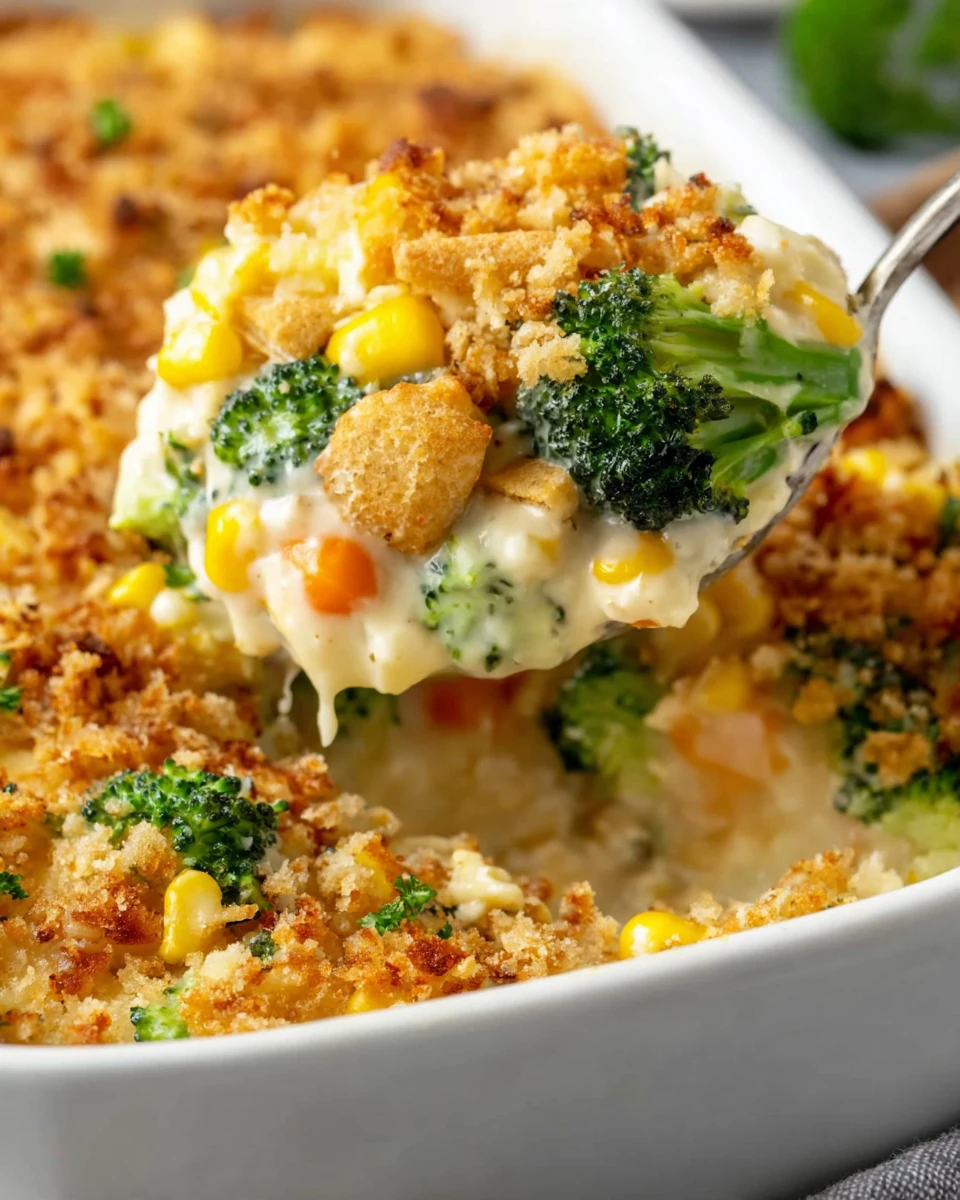 Creamy vegetable casserole side with broccoli, corn, and cracker topping