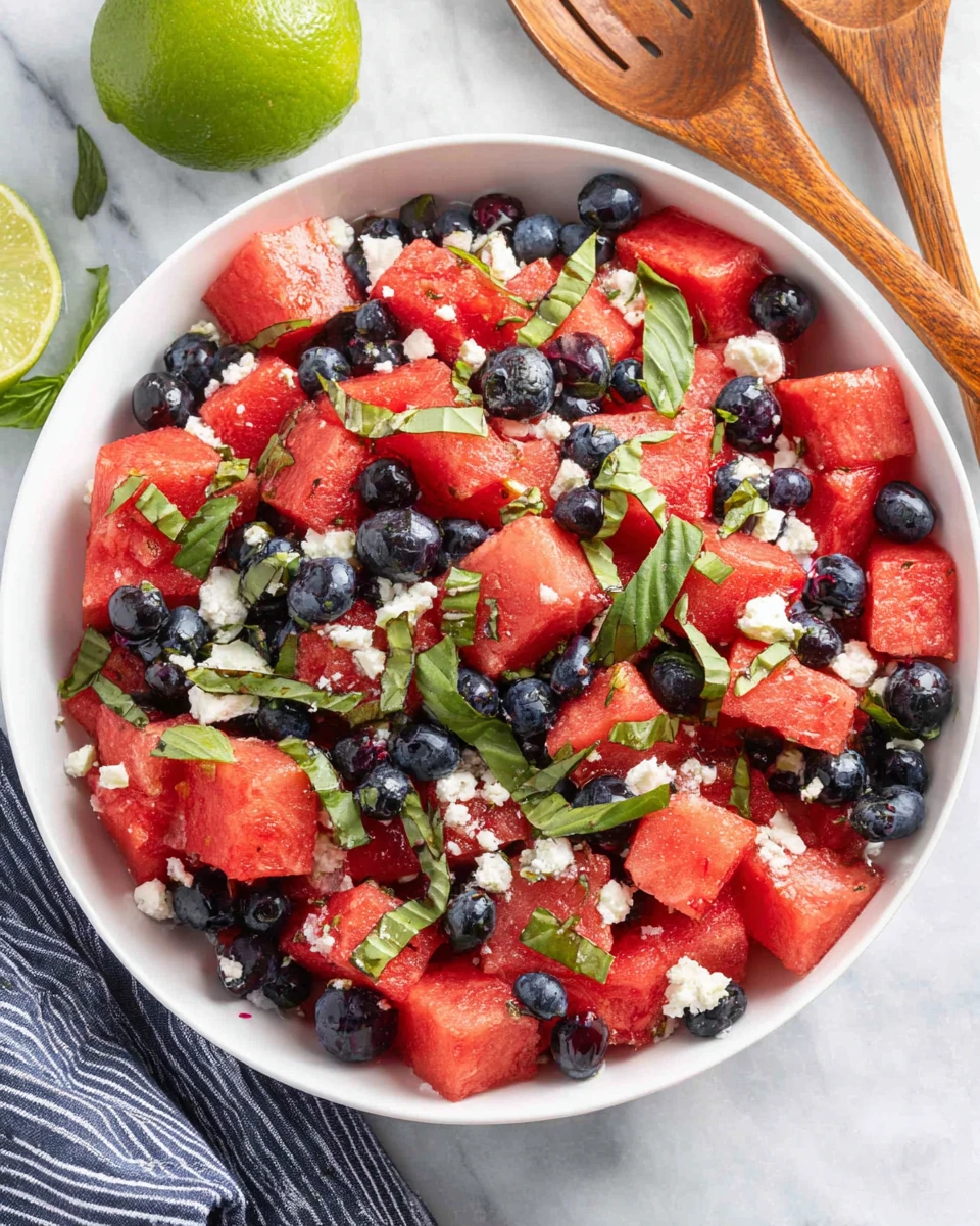 Watermelon blueberry feta salad with fresh herbs and lime, served in a white bowl.