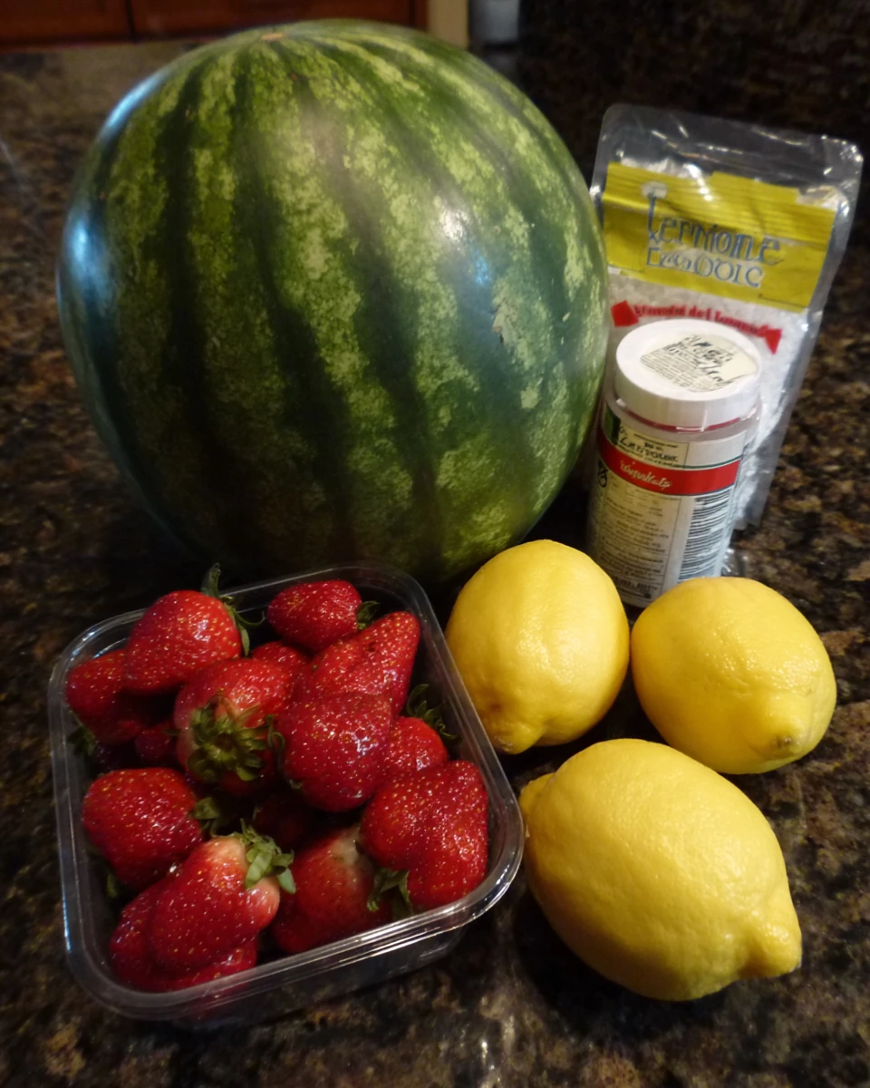 Fresh watermelon, strawberries, lemons, and sugar for watermelon and strawberry lemonade drink