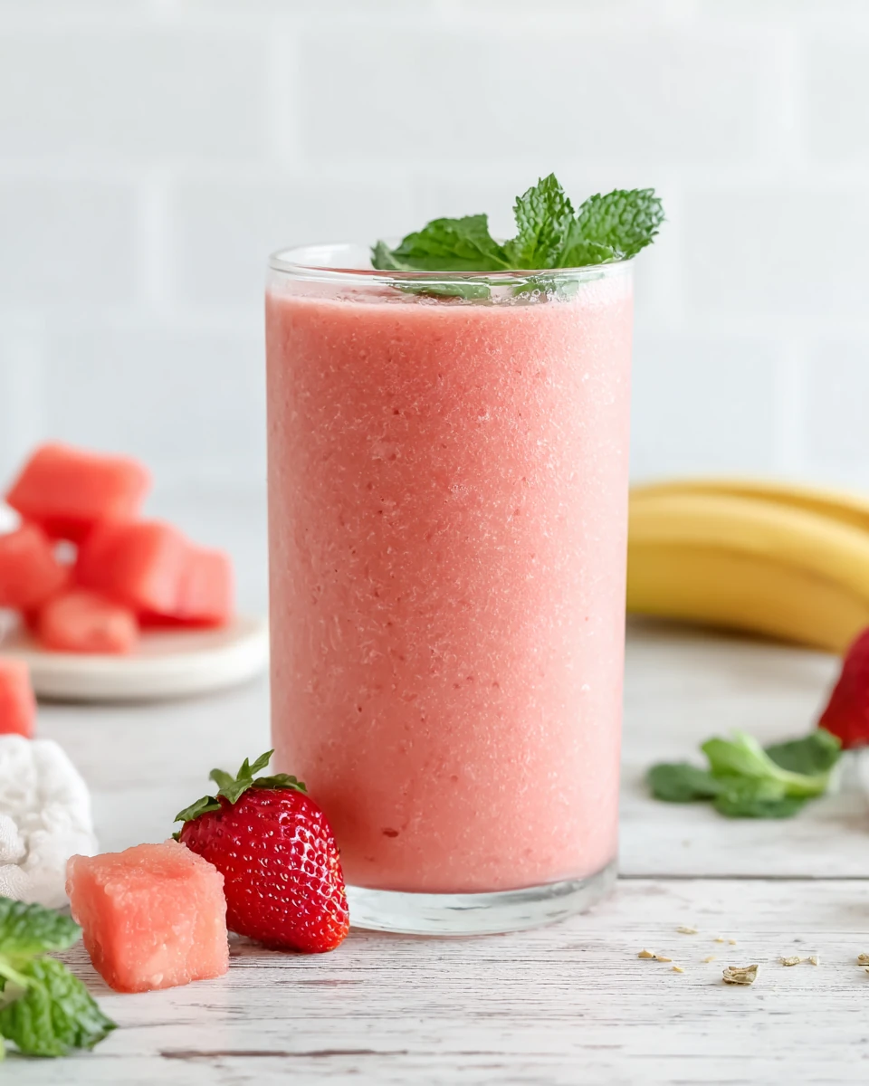 Refreshing watermelon weight loss smoothie with strawberries and banana, garnished with mint