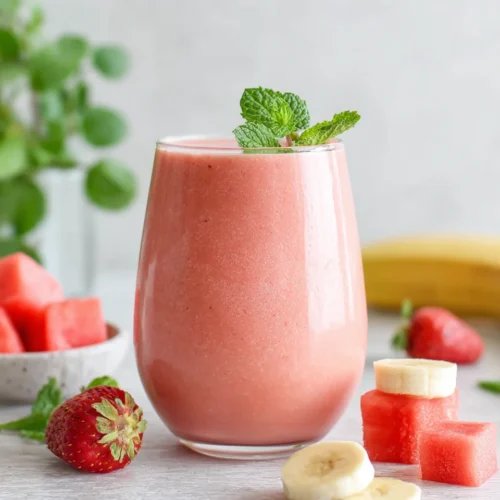 Refreshing watermelon weight loss smoothie with strawberries and banana, garnished with mint