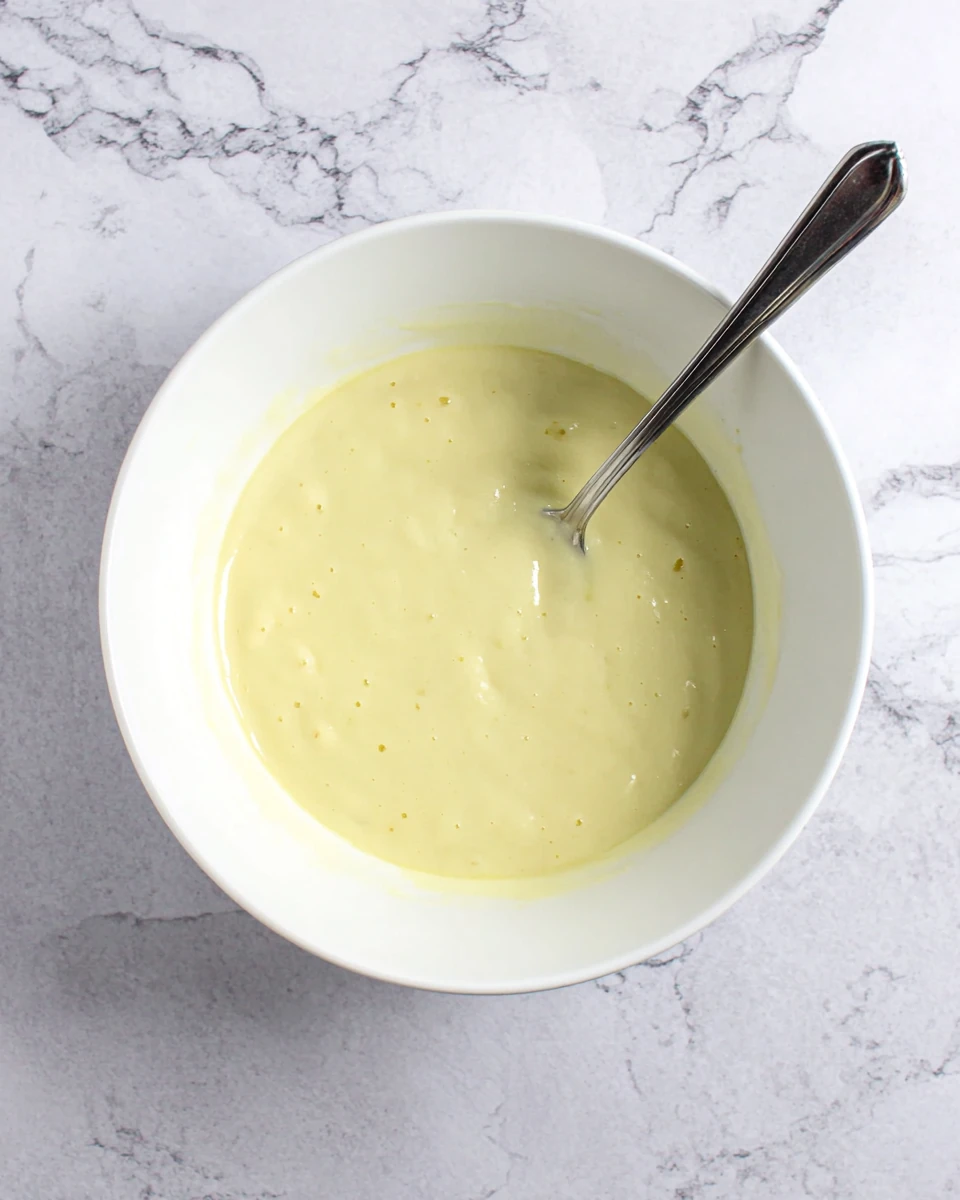 White chocolate cupcake batter in a bowl with a spoon, ready for baking
