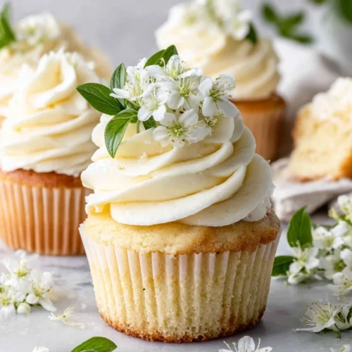 White chocolate cupcake with cream cheese buttercream and white flowers