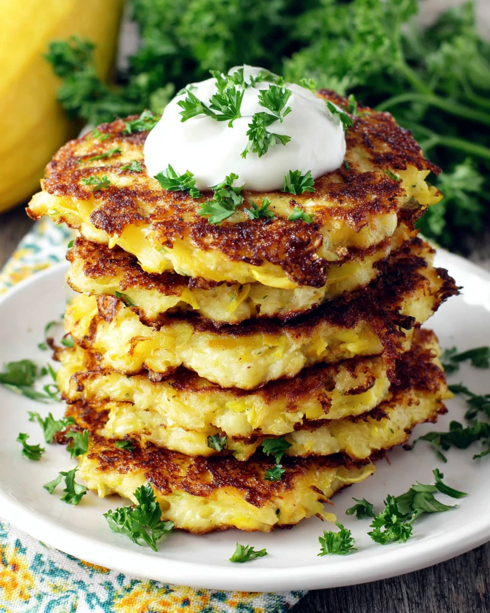 Stack of crispy yellow squash fritters topped with sour cream and parsley