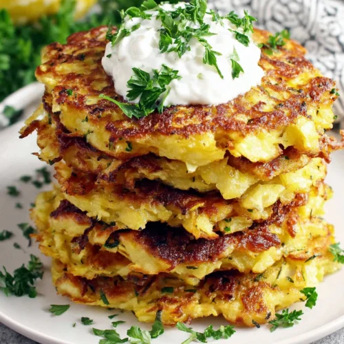 Crispy yellow squash fritters stacked on a plate with sour cream and herbs