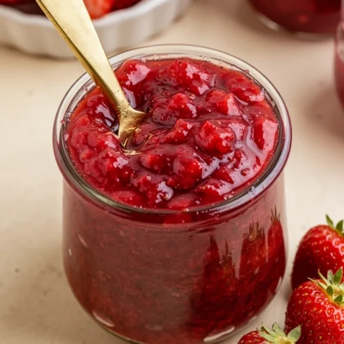 3-ingredient strawberry preserves in a glass jar with fresh strawberries