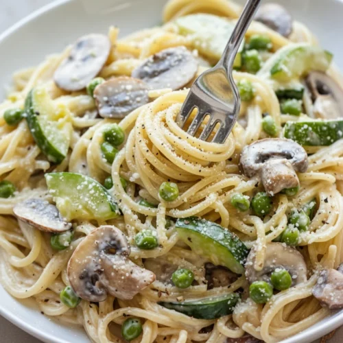Asparagus Mushroom Pasta Recipe Easy and Delicious 2 Creamy asparagus mushroom pasta with mushrooms, zucchini, peas, and Parmesan in a white bowl