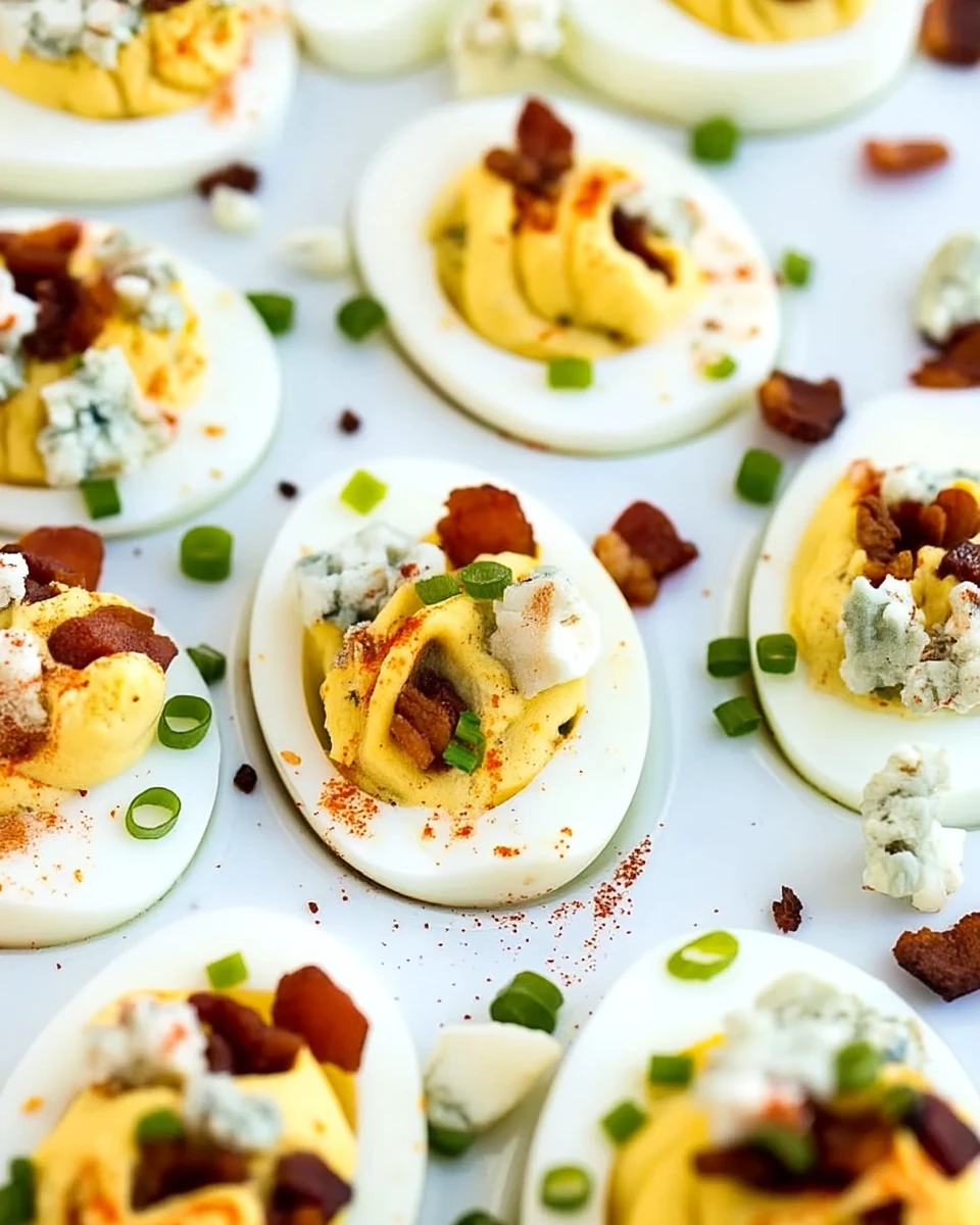 Bacon blue cheese deviled eggs topped with bacon, blue cheese, and chives