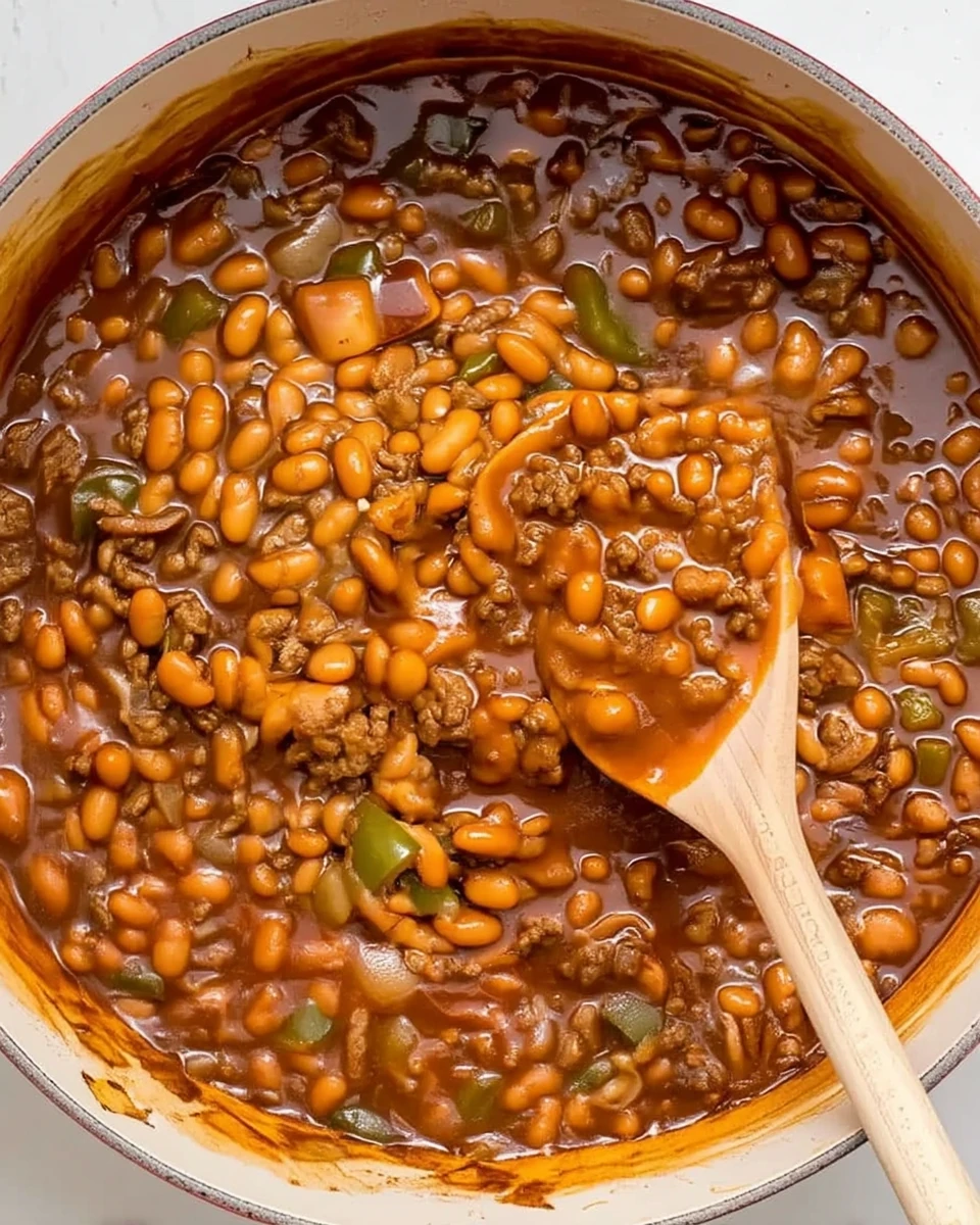 Baked beans with ground beef in a Dutch oven with wooden spoon