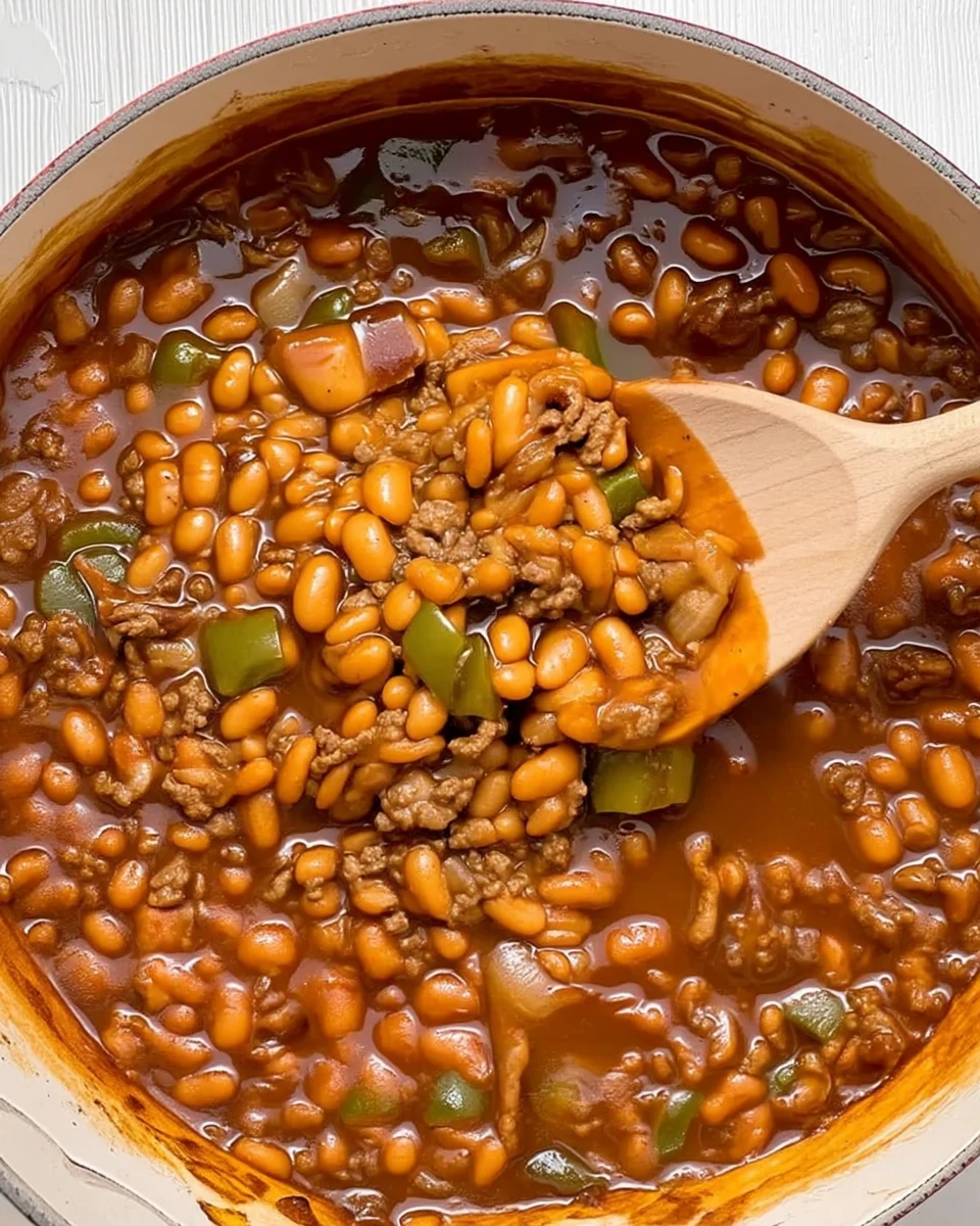 Baked beans with ground beef in a Dutch oven, served with a wooden spoon