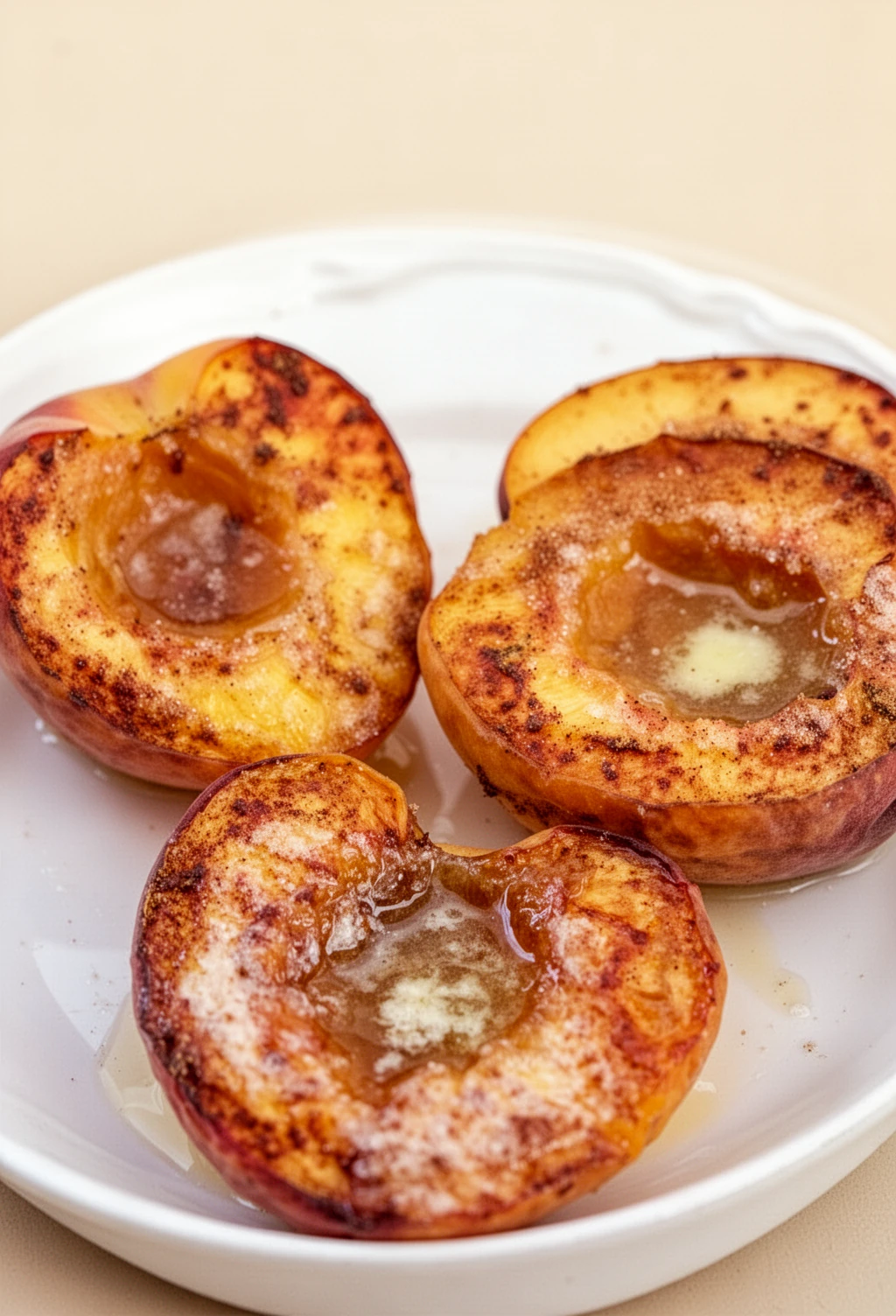 Baked peaches with cinnamon sugar on a white plate, golden and caramelized