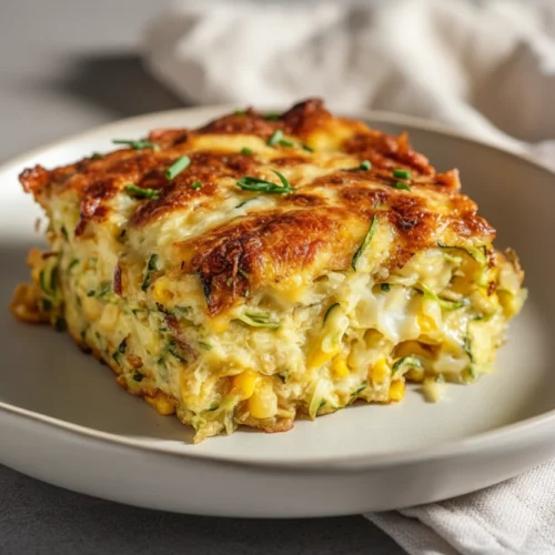 Baked zucchini and corn casserole with cheese, golden and cheesy, served on a plate.