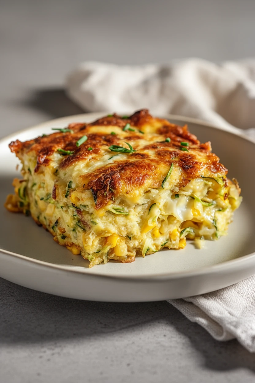 Baked zucchini and corn casserole with cheese, golden and cheesy, served on a plate.
