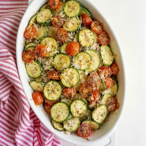 Baked zucchini and tomatoes in a white dish with melted cheese and herbs