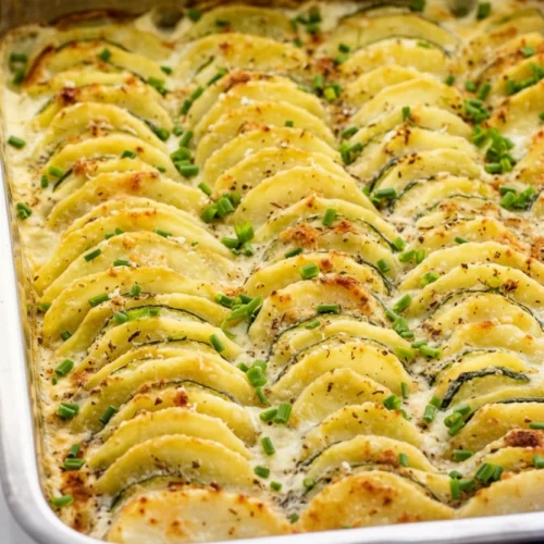 Creamy baked zucchini and potato dish with golden crust and chives
