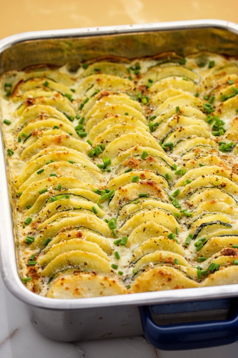 Creamy baked zucchini and potato dish with golden crust and chives