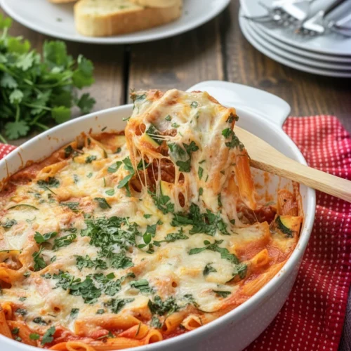 Baked zucchini pasta bake with melted cheese and fresh herbs, served in a white dish