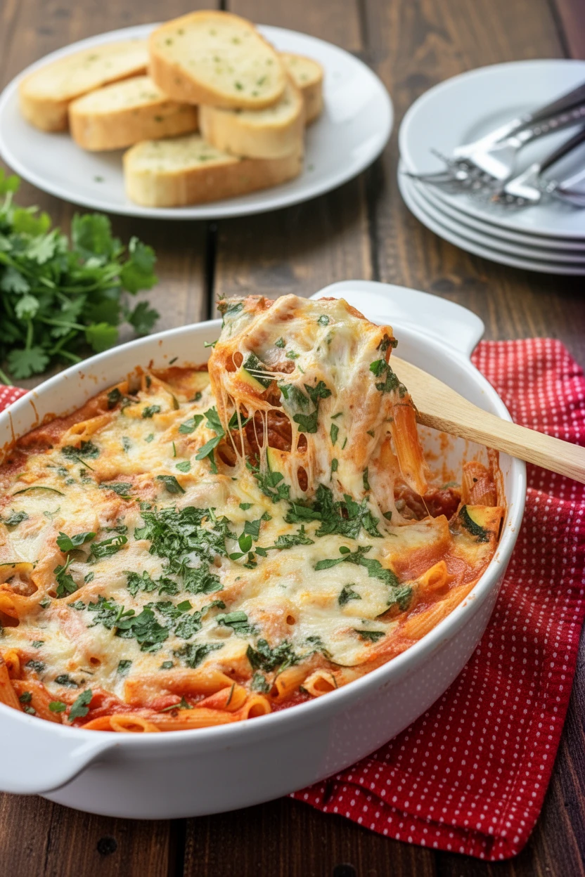 Baked zucchini pasta bake with melted cheese and fresh herbs, served in a white dish