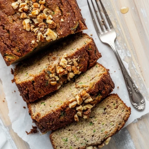 Sliced banana zucchini loaf with walnuts on parchment paper