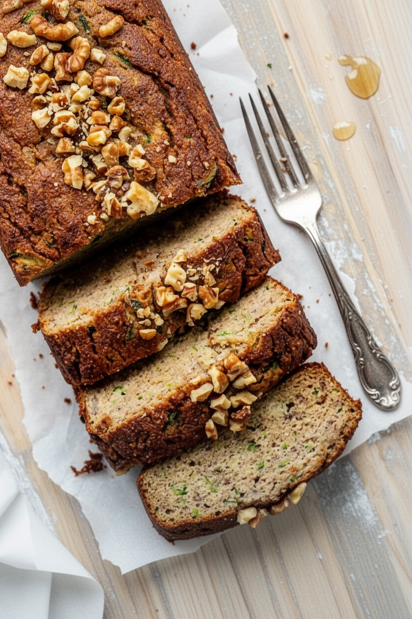Sliced banana zucchini loaf with walnuts on parchment paper