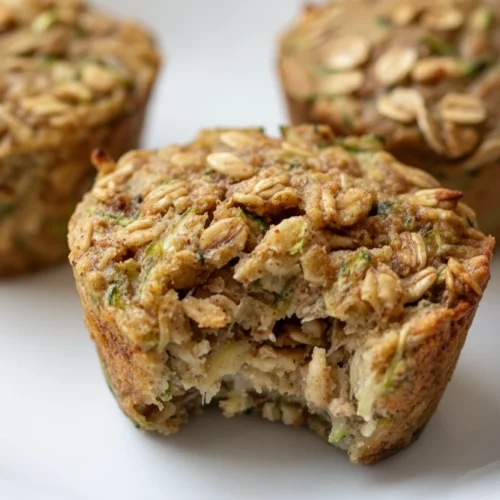 Moist banana and zucchini oatmeal muffin with visible oats and green zucchini pieces