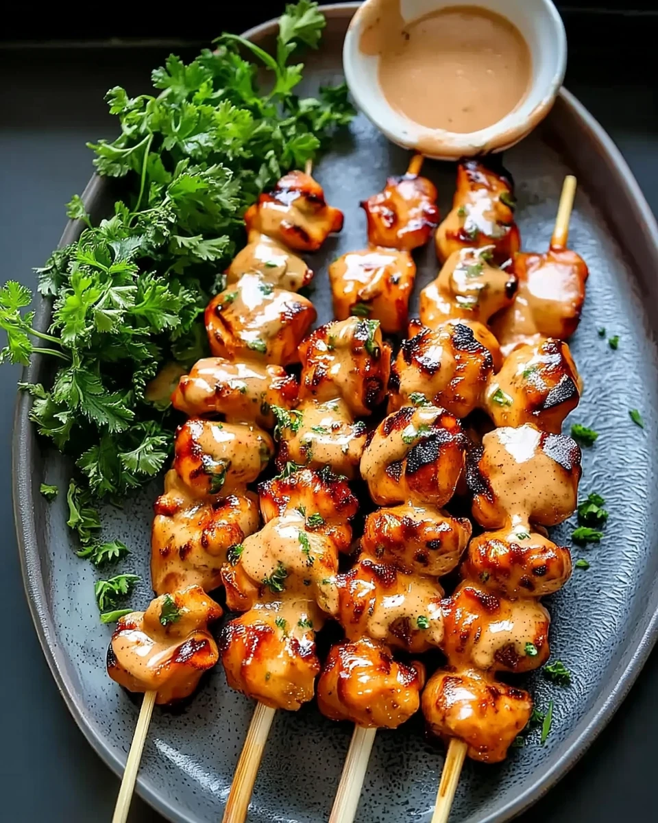 Bang bang chicken skewers with creamy spicy sauce and green onions on a dark plate