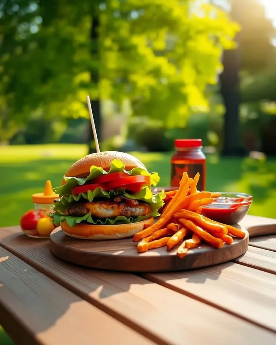 BBQ bacon turkey burger with lettuce, tomato, and fries on a wooden table