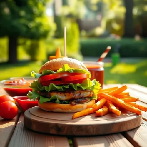 BBQ bacon turkey burger with fresh toppings and fries on a wooden table