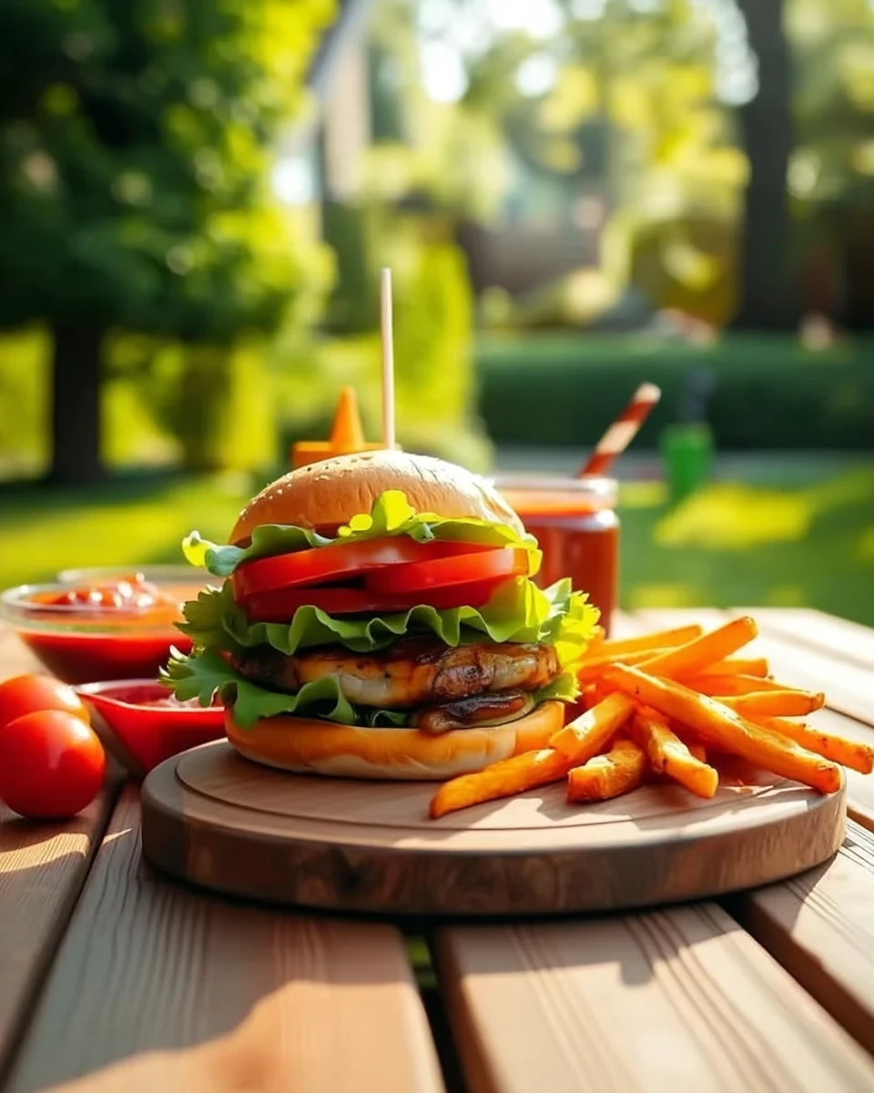 BBQ bacon turkey burger with fresh toppings and fries on a wooden table