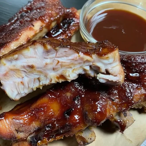Juicy slow cooker BBQ ribs with glossy sauce, one cut open to show tender meat, served with extra sauce on the side