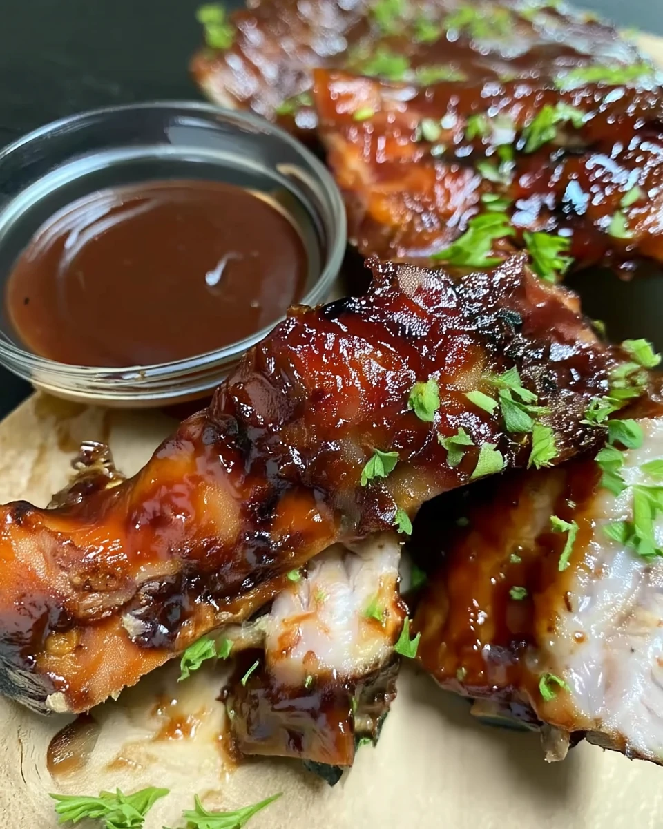 Juicy BBQ ribs with barbecue sauce and parsley garnish