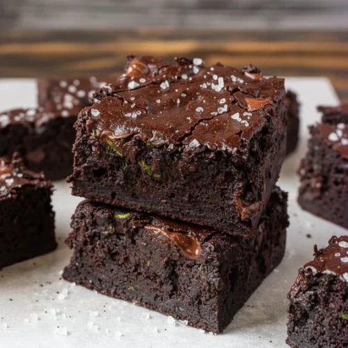 Rich cocoa zucchini brownies stacked with sea salt, fudgy and moist