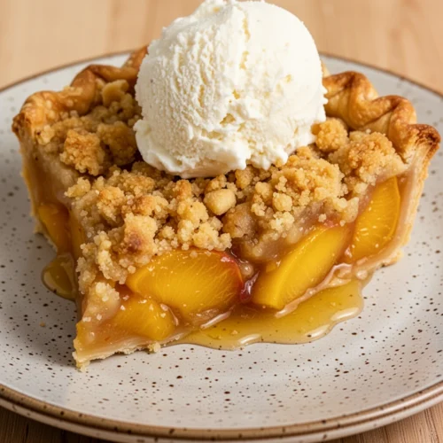Best peach pie recipe slice with crumble topping and vanilla ice cream