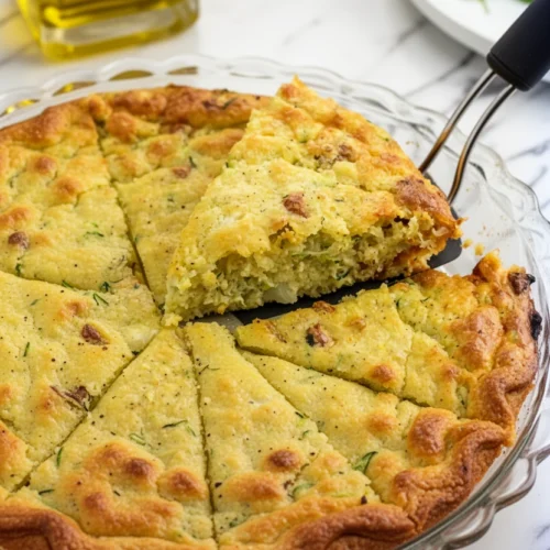Bisquick zucchini pie with golden crust and visible zucchini, served in glass dish