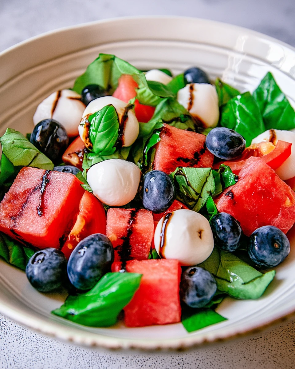 Blueberry caprese salad with fresh basil, tomatoes, watermelon, mozzarella, and balsamic drizzle.