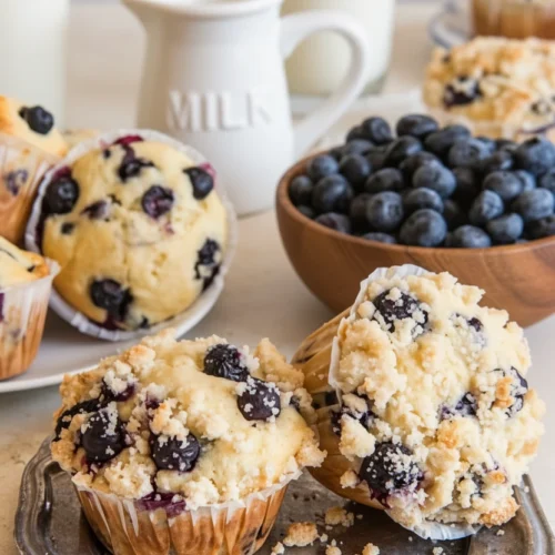Delicious Blueberry Muffin Recipe with Streusel Topping 2 Blueberry muffin recipe with streusel, fresh berries, and milk pitcher