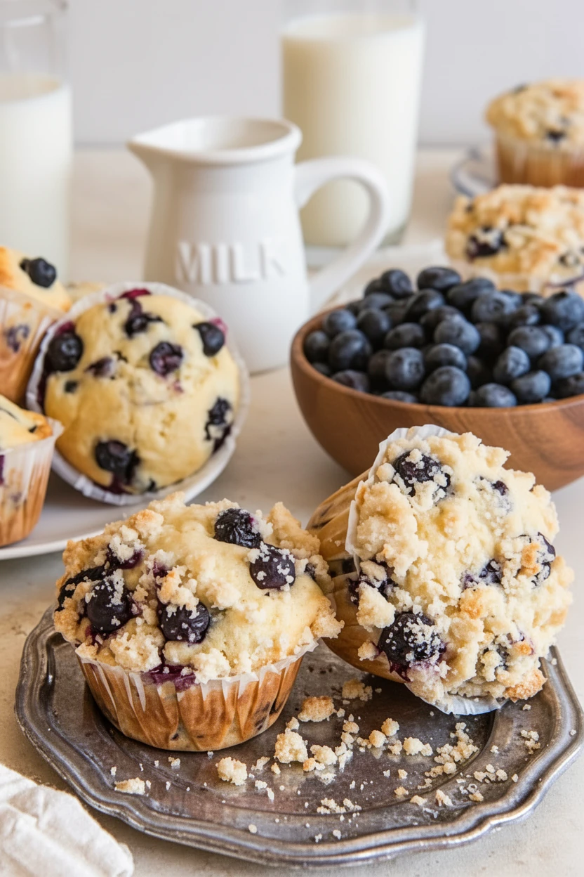 Blueberry Muffins with Streusel Topping Blueberry muffin recipe with streusel, fresh berries, and milk pitcher