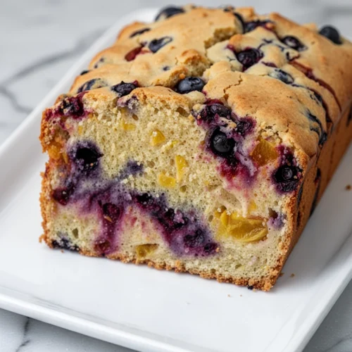 Sliced blueberry peach bread with visible fruit chunks, golden crust, and moist interior