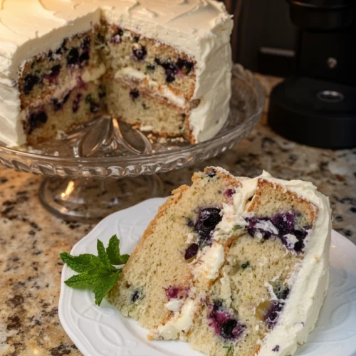 Moist blueberry zucchini cake with lemon buttercream frosting and fresh blueberries