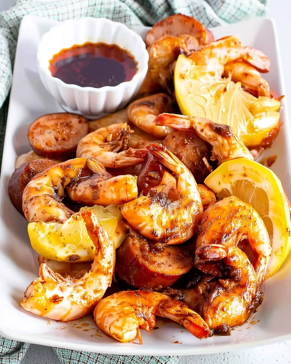 Boiling crab sauce copycat with shrimp, sausage, and lemon on a white plate