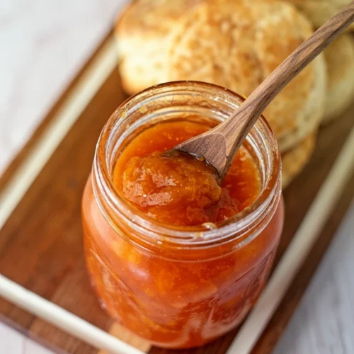 Bourbon and peach preserves in a jar with a wooden spoon and biscuits